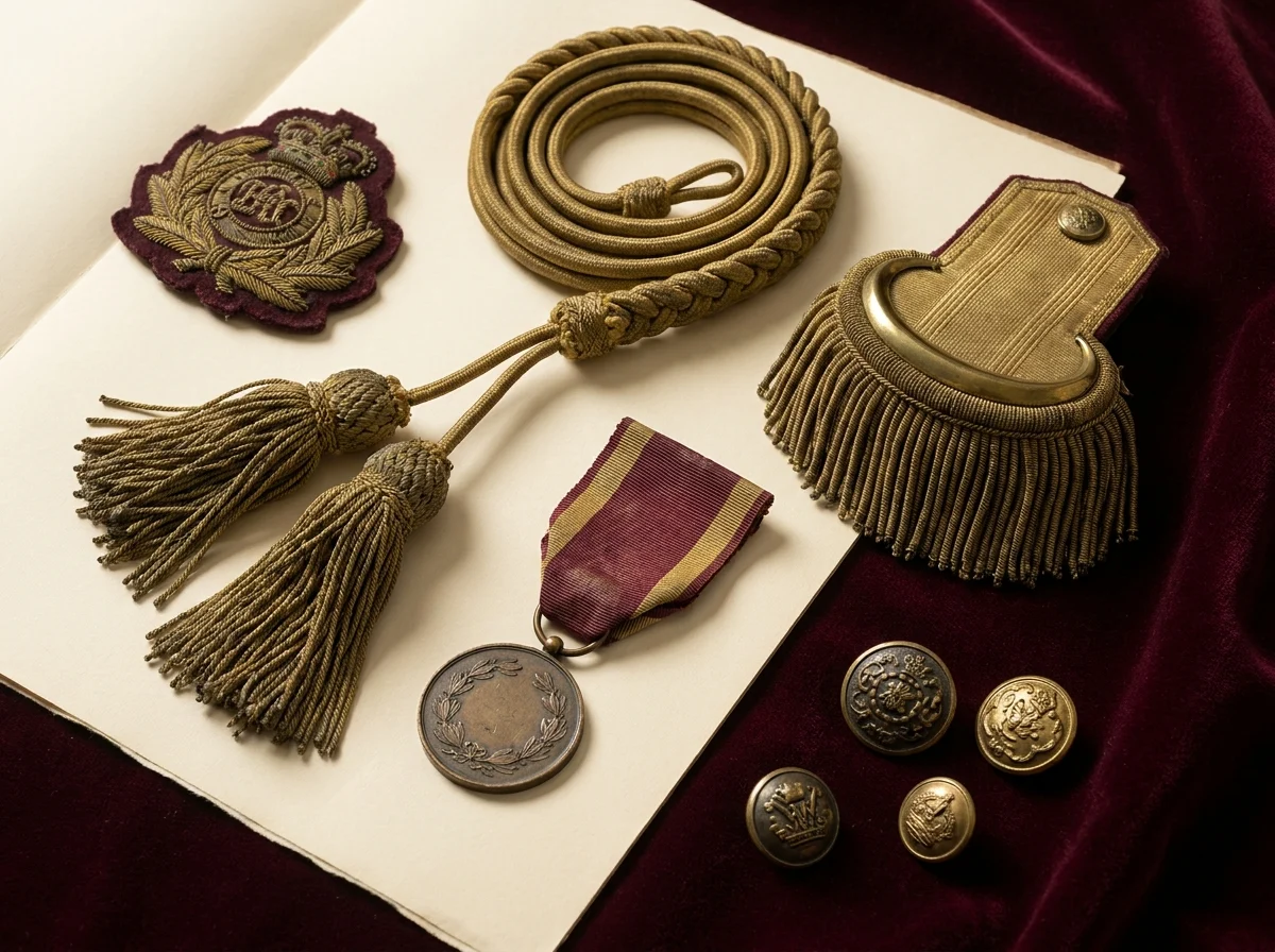 Ceremonial medals, buttons, badge and cords arranged on ivory paper