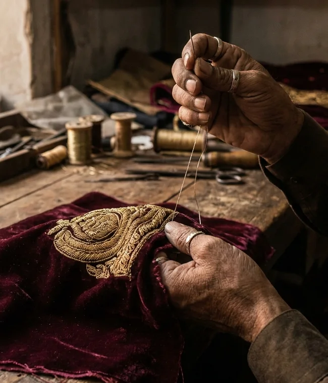 Artisan hand-finishing gold embroidery on burgundy velvet
